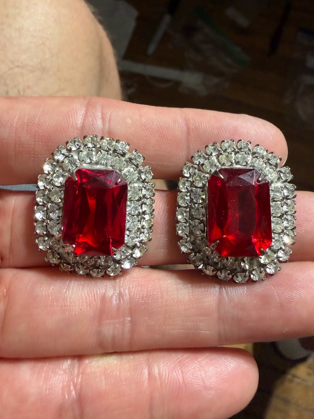 Vintage silver tone ruby red faceted glass stones pierced earrings